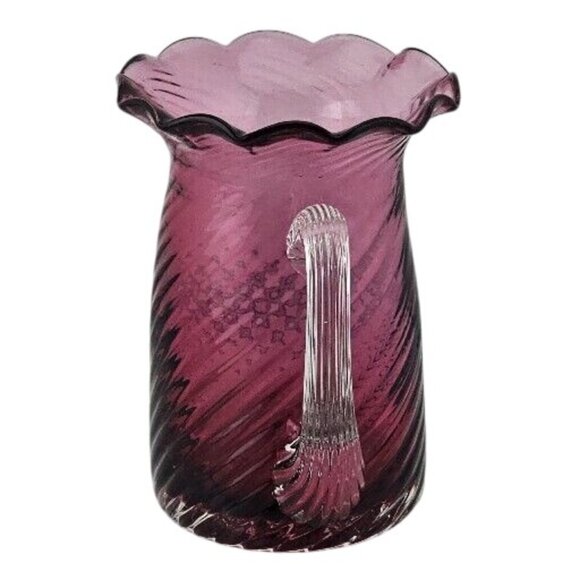 Pilgrim Glass Cranberry Swirl Pitcher Vase 3.5" clear handle ruffled rim texture - Picture 2 of 12